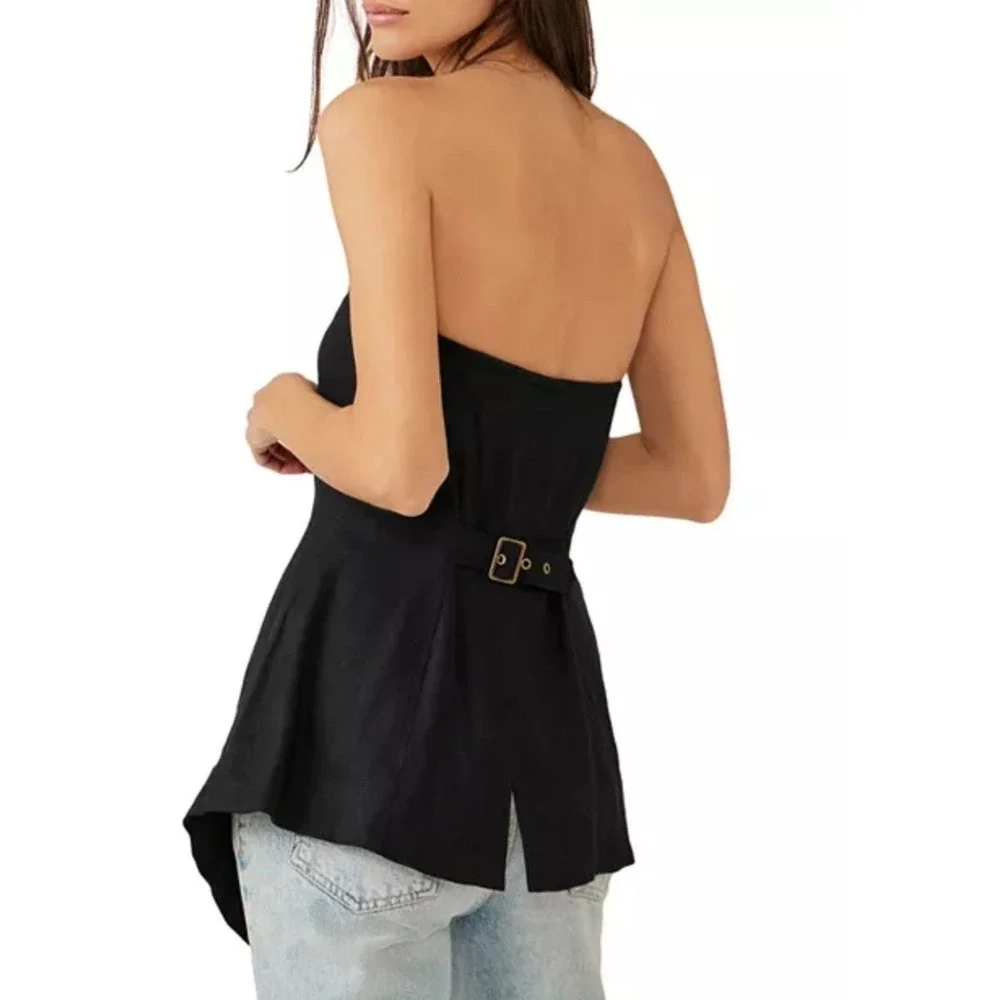 Free People‎ Corset Top Womens 8 Black Strapless Button Down Linen Blend